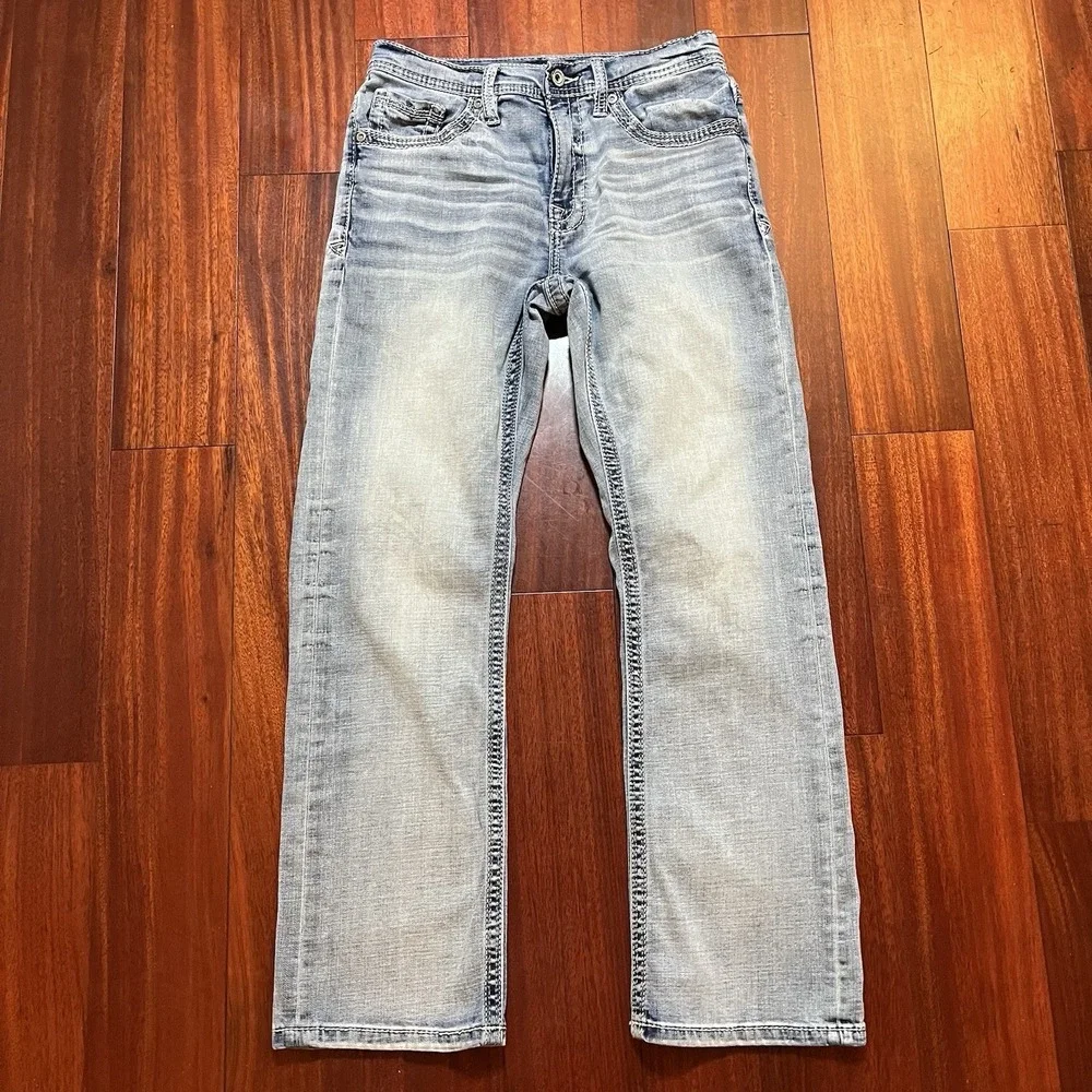 BKE Jeans Mens 31x30 Blue Jake Straight Stretch Light Wash Whiskering Workwear